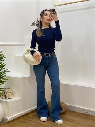Lacivert Düğmeli Fitilli Basic Bluz