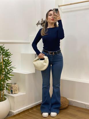 Lacivert Düğmeli Fitilli Basic Bluz