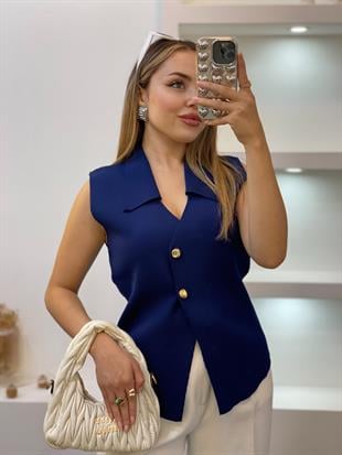 Lacivert Gold Düğmeli Triko