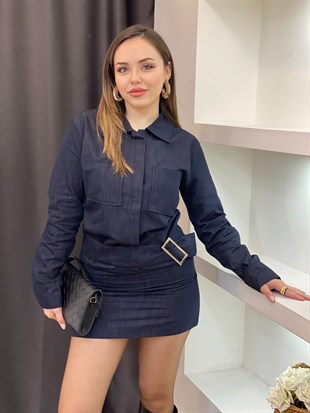 Lacivert Kemer Detaylı Kot Elbise