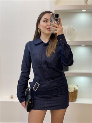 Lacivert Kemer Detaylı Kot Elbise