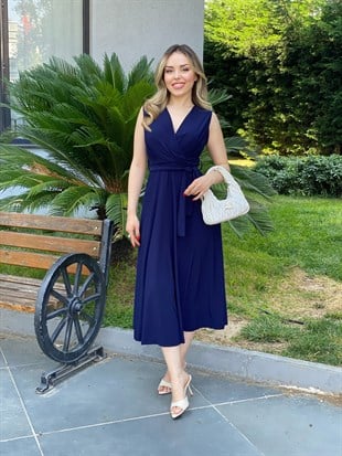 Lacivert Kruvaze Yaka Kuşaklı Likralı ,Kalıp Mükemmel Elbise