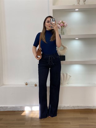 Lacivert Likralı Premium Yarım Boğazlı Bluz