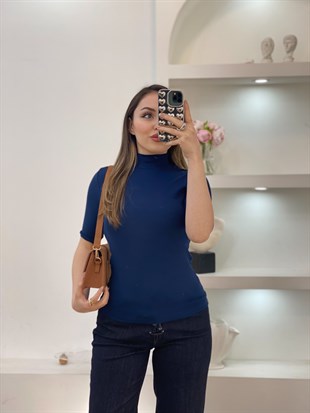 Lacivert Likralı Premium Yarım Boğazlı Bluz