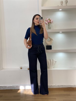 Lacivert Likralı Yüksek Bel Önü Çapraz Bağlamalı Jean