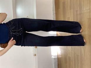 Lacivert Likralı Yüksek Bel Önü Çapraz Bağlamalı Jean