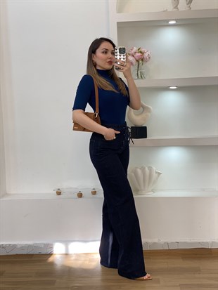 Lacivert Likralı Yüksek Bel Önü Çapraz Bağlamalı Jean