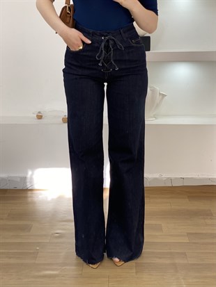 Lacivert Likralı Yüksek Bel Önü Çapraz Bağlamalı Jean