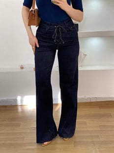 Lacivert Likralı Yüksek Bel Önü Çapraz Bağlamalı Jean