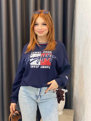 Lacivert Marka Amblemli 3 İplik Şardonsuz Sweatshirt 