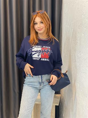 Lacivert Marka Amblemli 3 İplik Şardonsuz Sweatshirt 