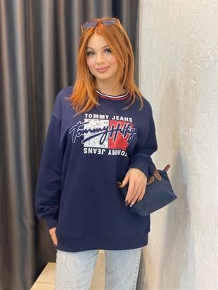 Lacivert Marka Amblemli 3 İplik Şardonsuz Sweatshirt 
