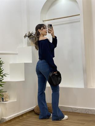 Lacivert Modal Kumaş Kayık Yaka Bluz 