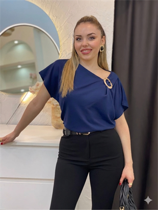 Lacivert Omuz Gold Çıkarılabilir Broşlu Modal Bluz