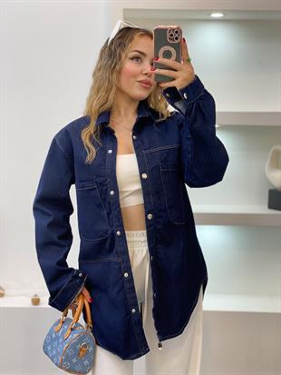 Lacivert Önü Cepli Model Kot Ceket 