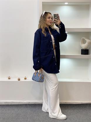 Lacivert Önü Cepli Model Kot Ceket 