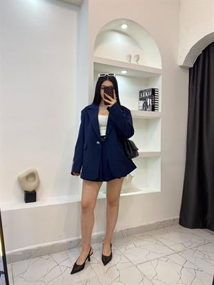 Lacivert Piliseli Kemerli İçi Şortlu Etek