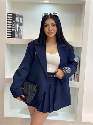 Lacivert Piliseli Kemerli İçi Şortlu Etek