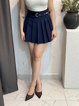 Lacivert Piliseli Kemerli İçi Şortlu Etek