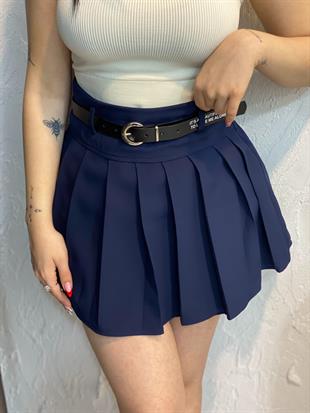 Lacivert Piliseli Kemerli İçi Şortlu Etek