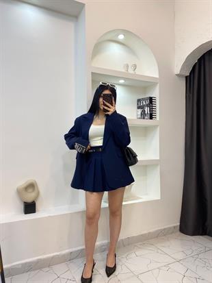 Lacivert Piliseli Kemerli İçi Şortlu Etek