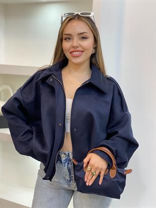 Lacivert Süet Premium Kalite Omuz Apoletli Bomber Ceket 