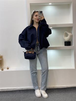 Lacivert Süet Premium Kalite Omuz Apoletli Bomber Ceket 