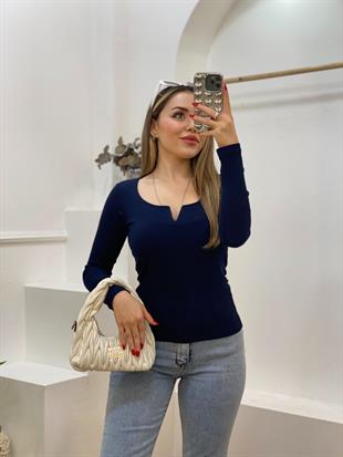 Lacivert V Model Fitilli Basic Bluz