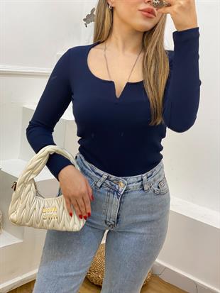 Lacivert V Model Fitilli Basic Bluz