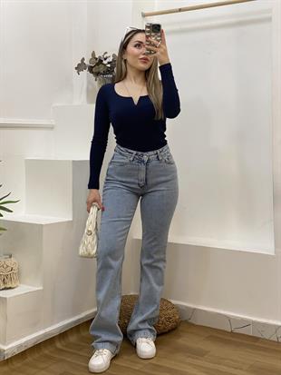 Lacivert V Model Fitilli Basic Bluz