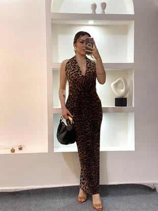 Leopar Desen Degaje Yaka Sırt Dekolteli Elbise