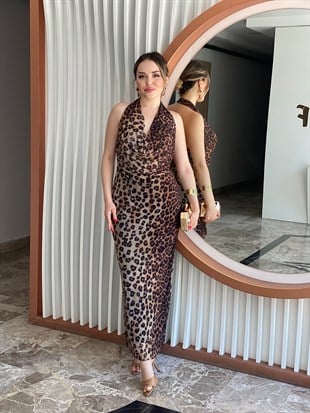 Leopar Desen Degaje Yaka Sırt Dekolteli Elbise