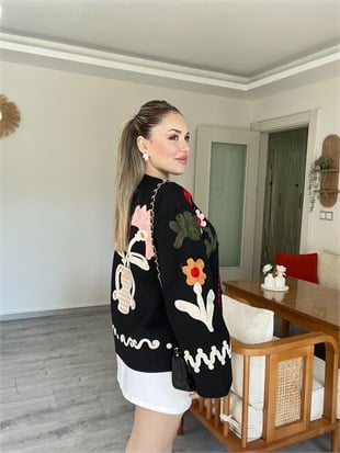 Marka Muadili Siyah Çiçek Nakışlı Premium Kalite Ceket