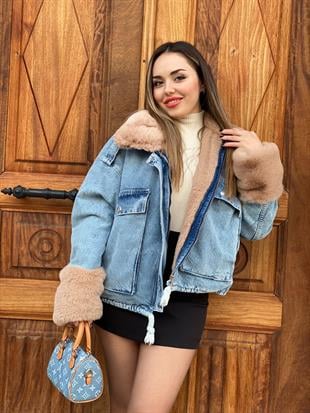 Mavi Bej İçi Full Kürklü Kot Mont