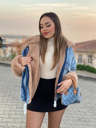 Mavi Bej İçi Full Kürklü Kot Mont