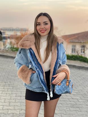 Mavi Bej İçi Full Kürklü Kot Mont