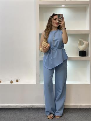Mavi Beli Kuşaklı Keten Takım