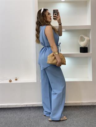 Mavi Beli Kuşaklı Keten Takım