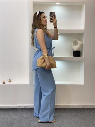 Mavi Beli Kuşaklı Keten Takım