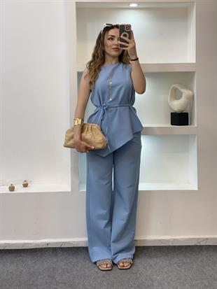 Mavi Beli Kuşaklı Keten Takım