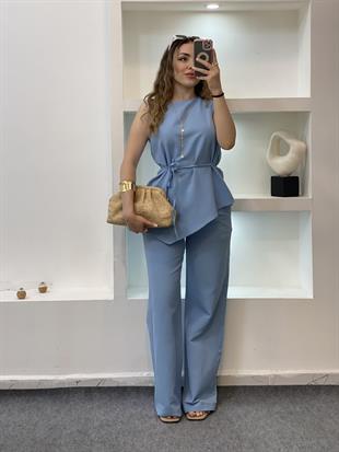 Mavi Beli Kuşaklı Keten Takım