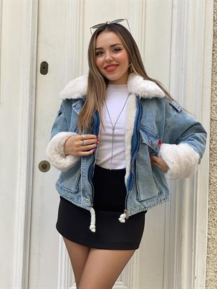 Mavi Beyaz İçi Full Kürklü Kot Mont