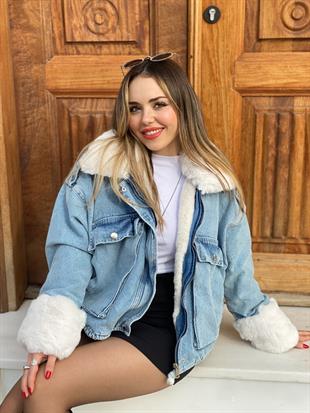 Mavi Beyaz İçi Full Kürklü Kot Mont