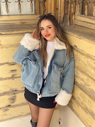 Mavi Beyaz İçi Full Kürklü Kot Mont