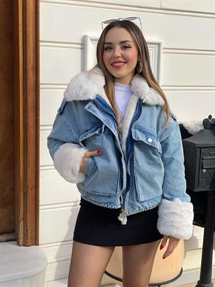 Mavi Beyaz İçi Full Kürklü Kot Mont