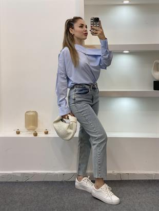 Mavi Çizgili Asimetrik Yaka Gömlek 