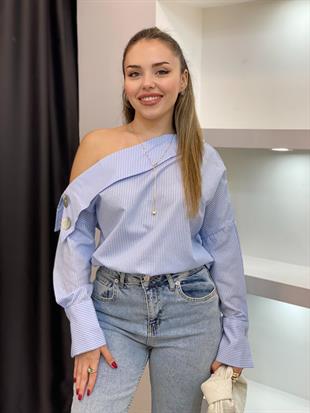 Mavi Çizgili Asimetrik Yaka Gömlek 