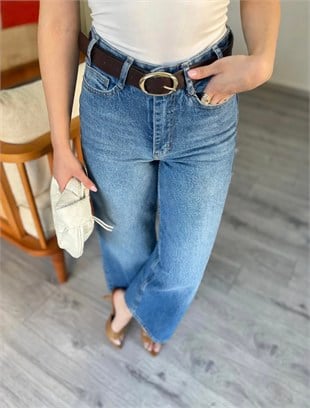 Mavi Culotte Yüksek Bel Kemerli Jean