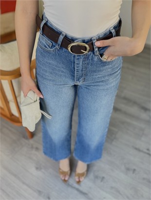 Mavi Culotte Yüksek Bel Kemerli Jean