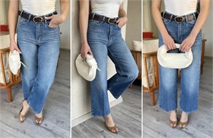 Mavi Culotte Yüksek Bel Kemerli Jean